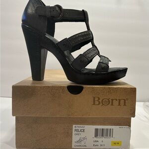 Born Felice Charcoal Leather Heels Strappy Design - Size 6